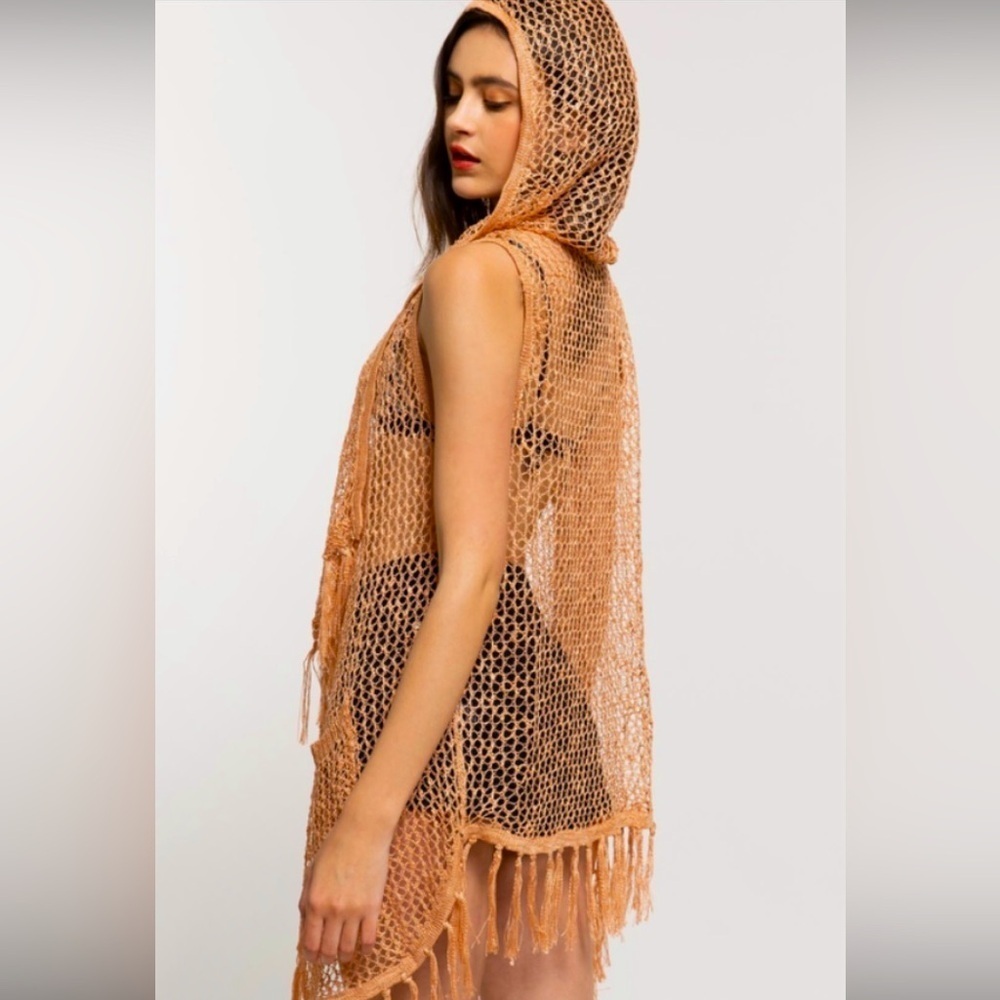 POL Sparkle Crochet Hooded Vest Women's Swim Suit Cover Up NWOT